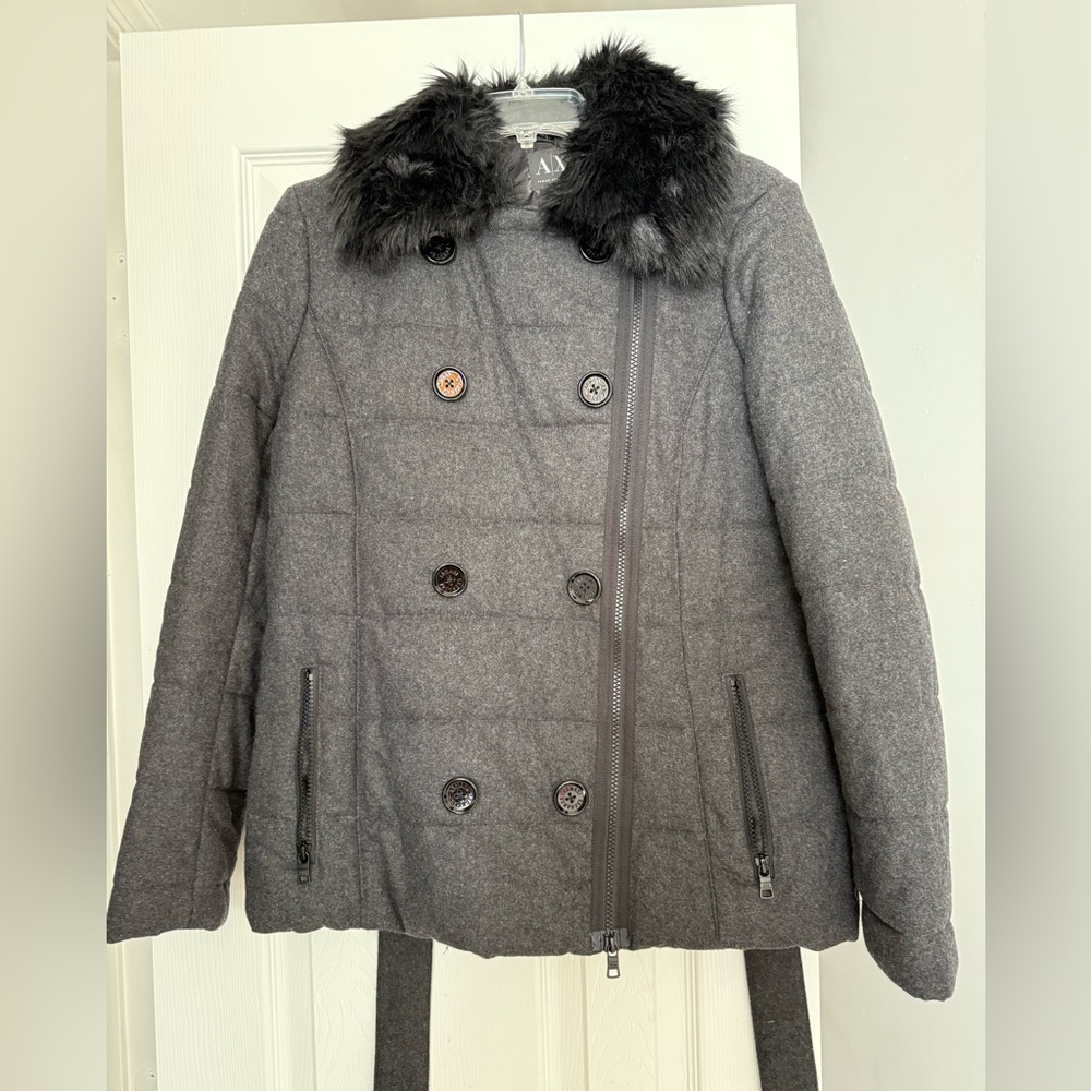 Armani Exchange Charcoal Pea Coat with Faux Fur Collar